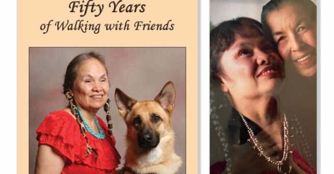 Collage with Cover of Deanna's book with her and her Guide Dog and Picture of Deanna on left and her Mother on right