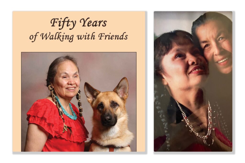 Collage with Cover of Deanna's book with her and her Guide Dog and Picture of Deanna on left and her Mother on right