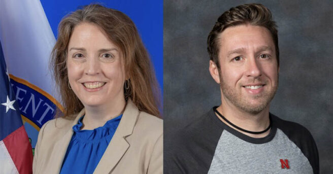 Formal headshots of Rebecca Sheffield and Eric Caruso