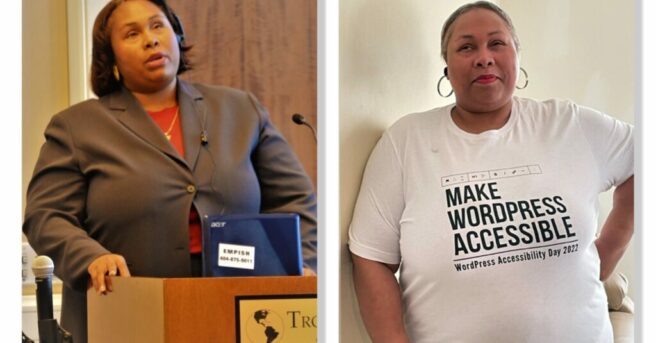 photo on left shows Empish wearing a suit and speaking from a podium. photo on the right shows Empish wearing a white tee shirt with the words "Make WordPress Accessible, WordPress Accessibility Day 2022"