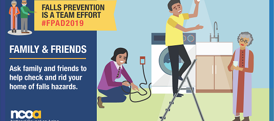 NCOA poster saying Fall Prevention is a Team Effort and family members checking a home for falls hazards.