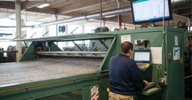 individual wearing glasses, working in a manufacturing facility