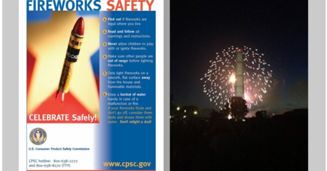 collage with fireworks safety poster from the US Consumer Product Safety Commission www.cpsc.gov. and picture of fireworks display. It gives safety tips to follow. CPSC hotline: 800-638-2772