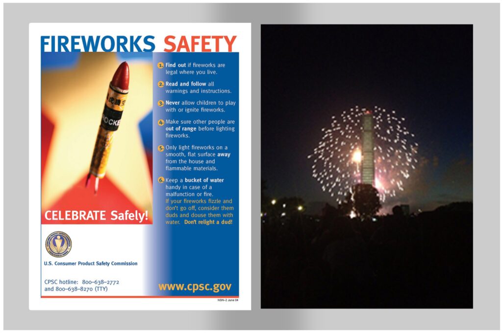 collage with fireworks safety poster from the US Consumer Product Safety Commission www.cpsc.gov. and picture of fireworks display. It gives safety tips to follow. CPSC hotline: 800-638-2772