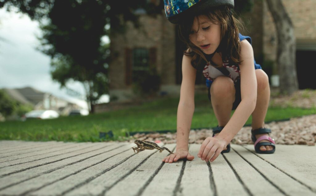 Child trying to catch a frog