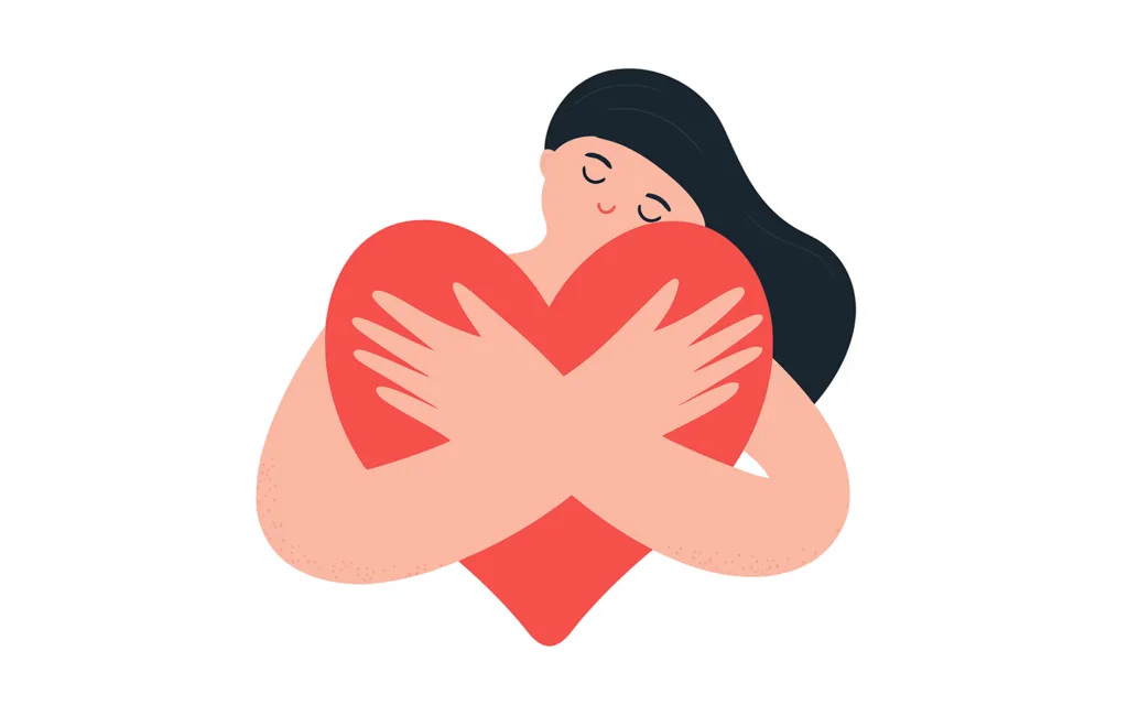illustration of a person with long dark hair holding a large red heart close to their chest on a white background.