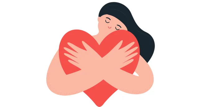 illustration of a person with long dark hair holding a large red heart close to their chest on a white background.