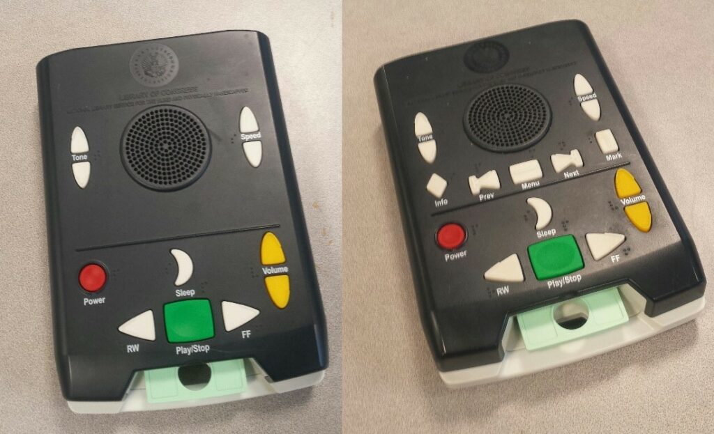 two talking book machines with cartridges inserted