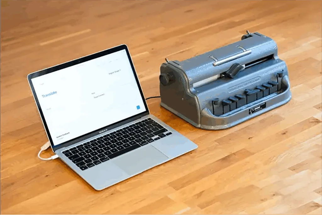 A laptop with Paige Braille website and connected to the Paige Connect and a traditional braille writer. 
