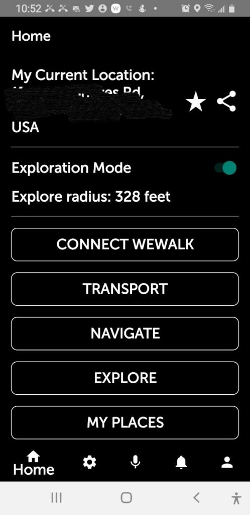 main menu with tabs showing current location, connect wewalk, transport, navigate, explore, my places