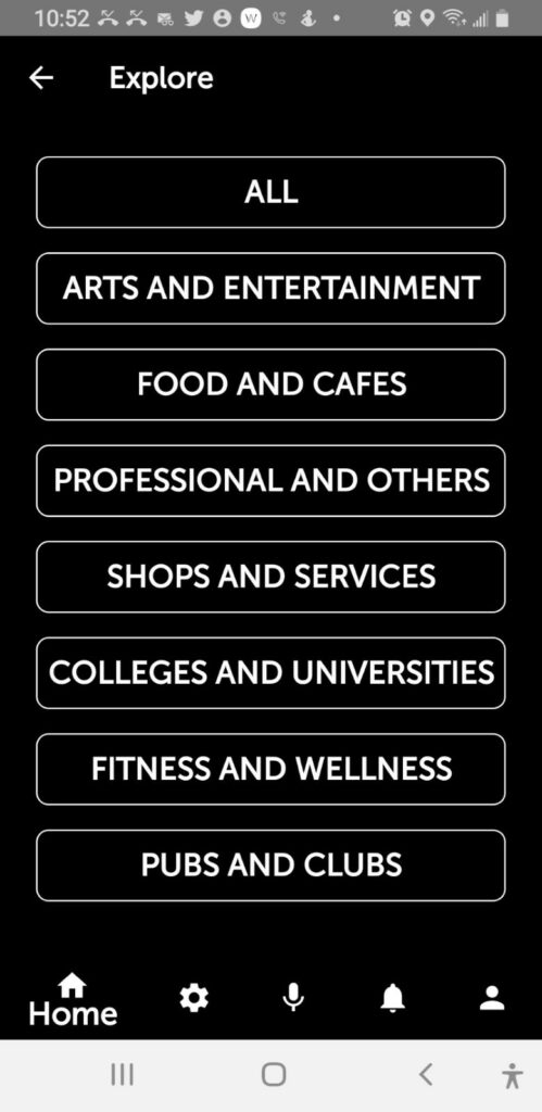 Explore menu: all, arts and entertainment, food and cafes, professional and others, shops and services, colleges and universities, fitness and wellness, pubs and clubs