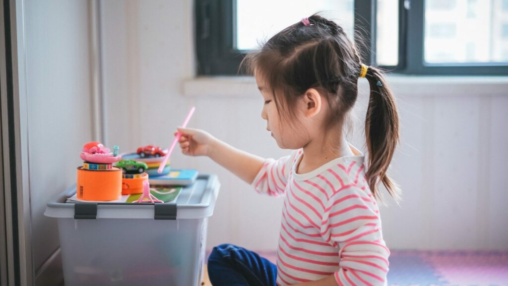 A young girl with a straw doing crafts on a table