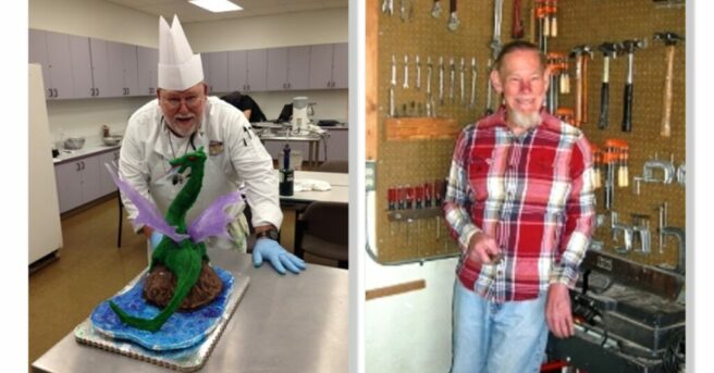 older chef working on pastry; older carpenter standing in front of tools