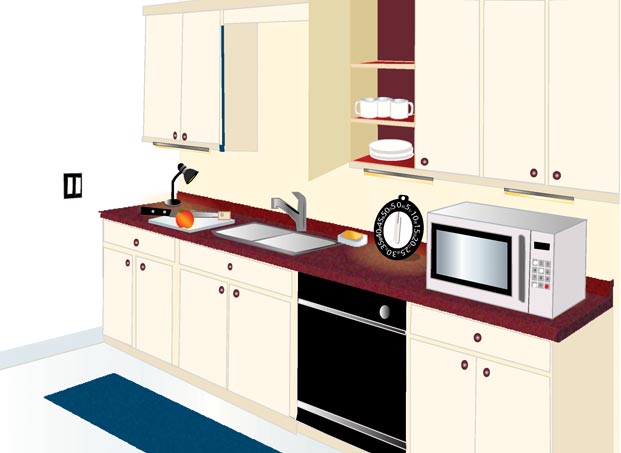 Kitchen with light colored cabinets, dark colored counter tops, and appliances with high color contrast