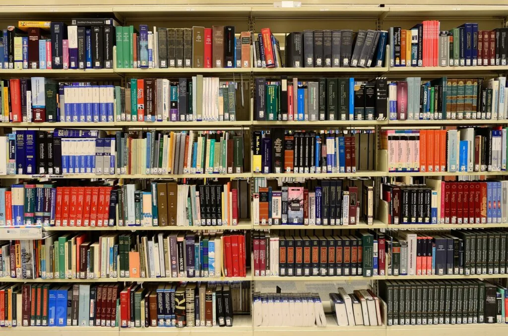 shelves of books in a library