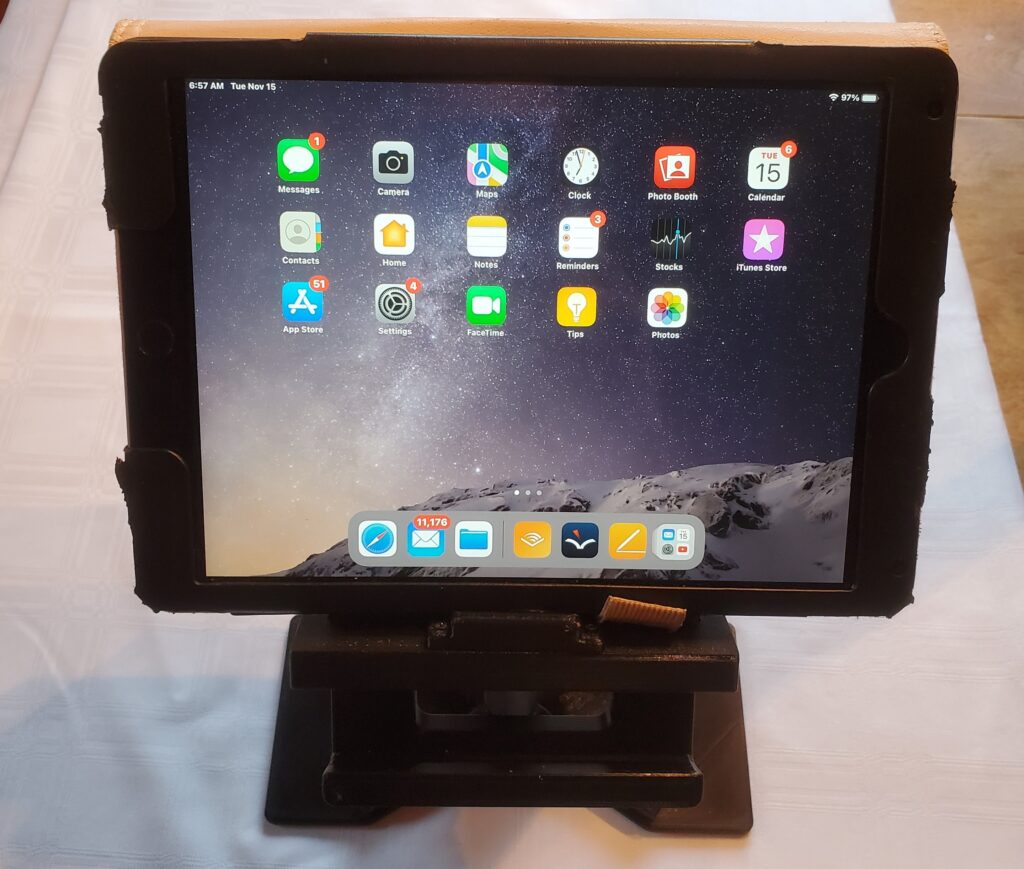 iPad on portable LV stand.