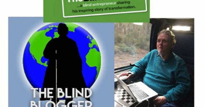 The Blind Blogger logo--What's Your Excuse and Max sitting at AmTrak window with computer on lap