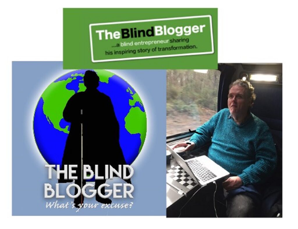 The Blind Blogger logo--What's Your Excuse and Max sitting at AmTrak window with computer on lap
