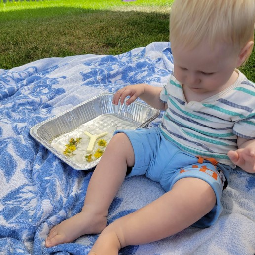 Dominic sitting outside on the towel, playing with the baking tin. In the baking tin, there is some water and the dandelions floating in it. He has a teether floating in the water, too.