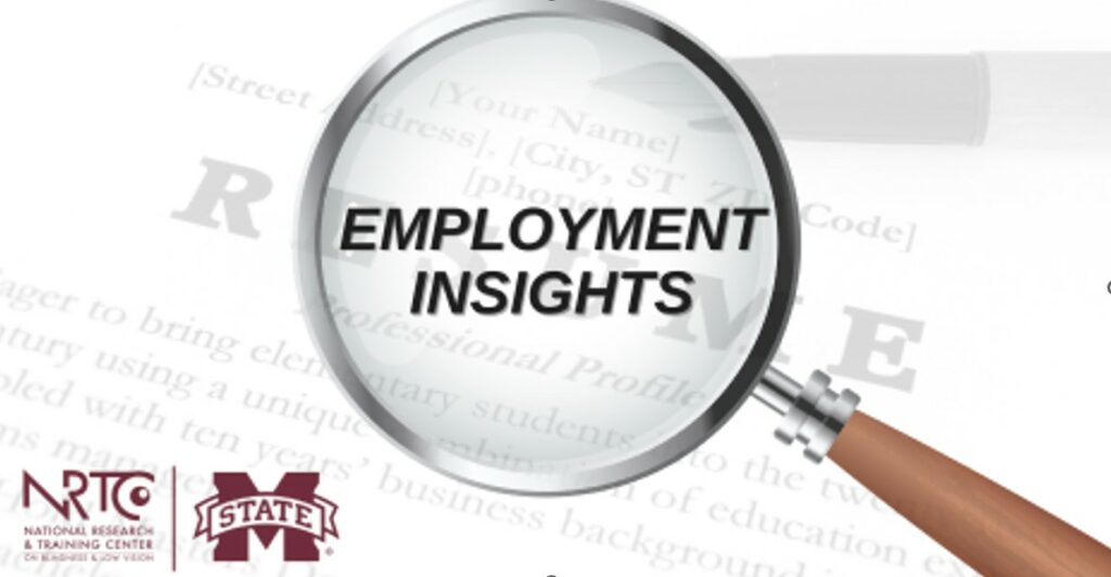 Magnifier with text “Employment Insights” and MSU’s/ NRTC logos