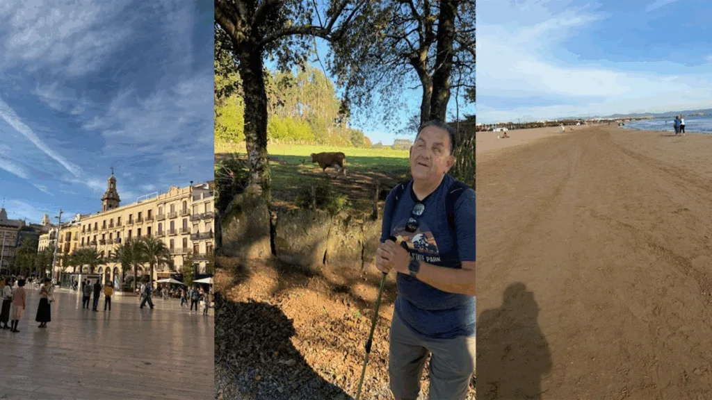 Trio of photos from Richard Rueda's Camino de Santiago walk: a city plaza, Richard hiking on a wooded path, and a wide beach shoreline.