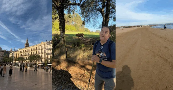 Trio of photos from Richard Rueda's Camino de Santiago walk: a city plaza, Richard hiking on a wooded path, and a wide beach shoreline.