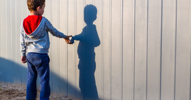 A boy and his shadow on a fence.