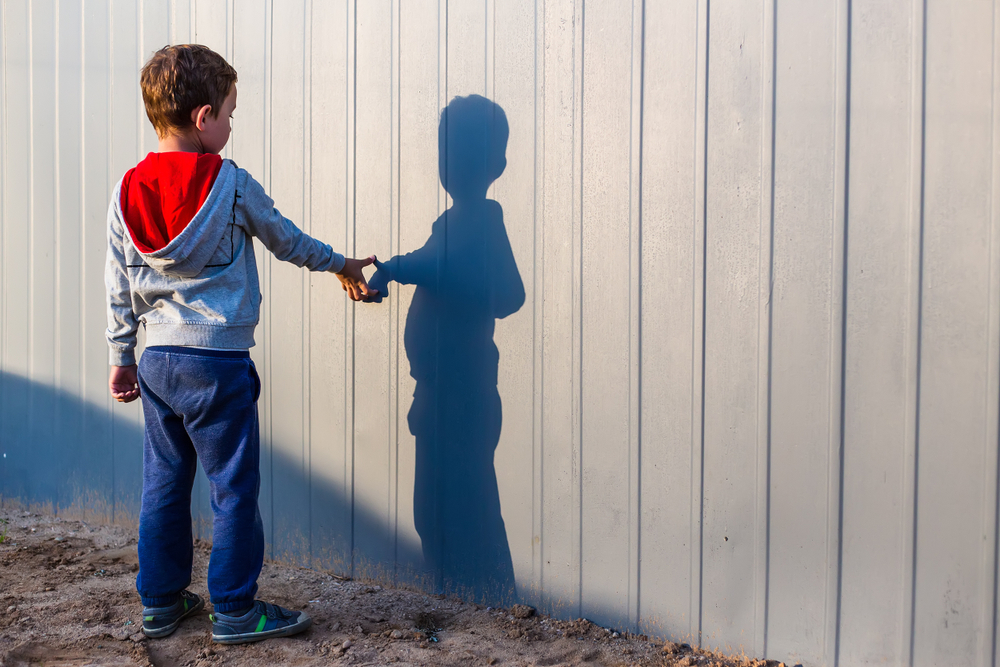 A boy and his shadow on a fence.