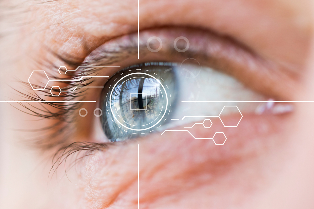 Eye monitoring and treatment healthcare. Biometric scan of male eye close up.