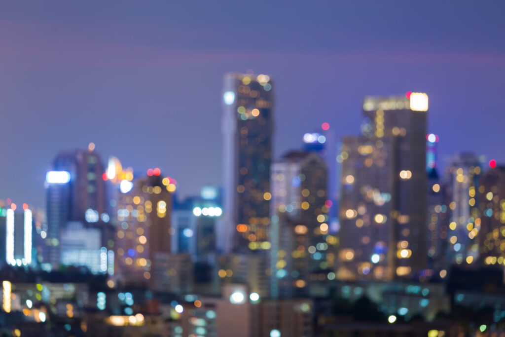 Blurred view of office building downtown.