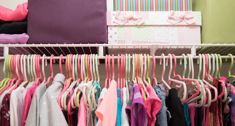 A young girl's closet neatly organized with bins and boxes.