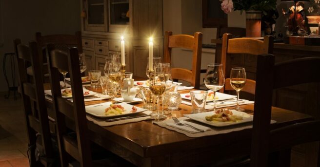 A table set with dishes and drinks