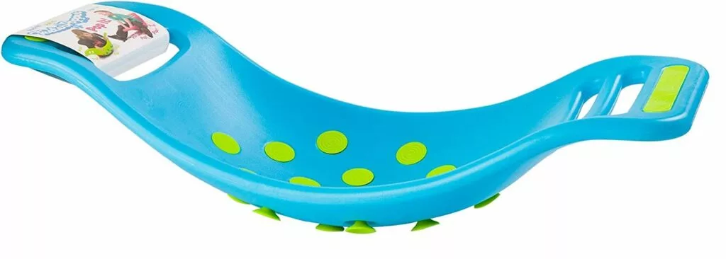 teeter bopper toy curved blue plastic with green circles that pop