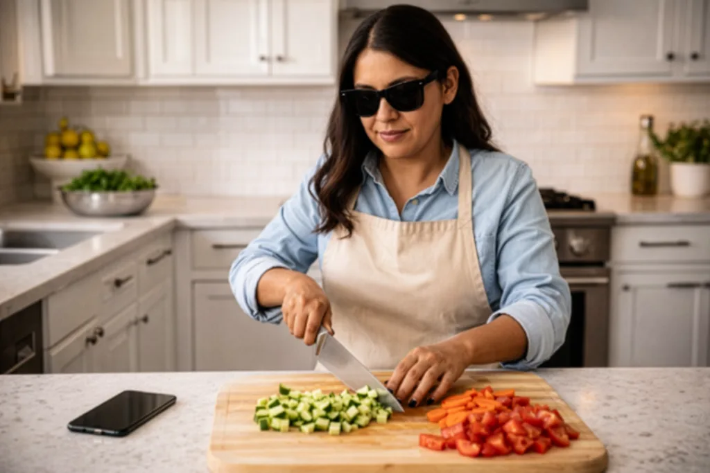 woman in kitchen cutting various vegetables with a knife with her mobile phone on the counter