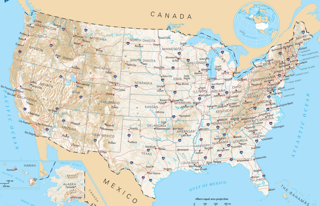 Map of the United States showing state boundaries, major cities, and highways. The map also includes parts of Mexico, Canada, and the surrounding bodies of water, such as the Pacific Ocean, Atlantic Ocean, Gulf of Mexico, and the Great Lakes. Alaska and Hawaii are shown in insets at the bottom left corner of the map.