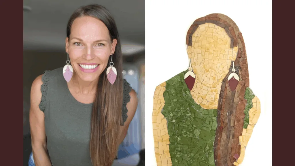picture of a person of long hair draped over the shoulder with large pear shaped earrings next to a tactile art of the person: small bits of colorful leaves glued onto a white backdrop in the shape of the person, dark leaves as the hair and large pear-shaped leaves as the earrings