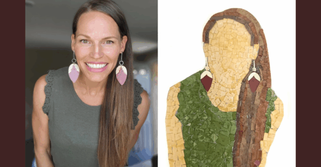 picture of a person of long hair draped over the shoulder with large pear shaped earrings next to a tactile art of the person: small bits of colorful leaves glued onto a white backdrop in the shape of the person, dark leaves as the hair and large pear-shaped leaves as the earrings